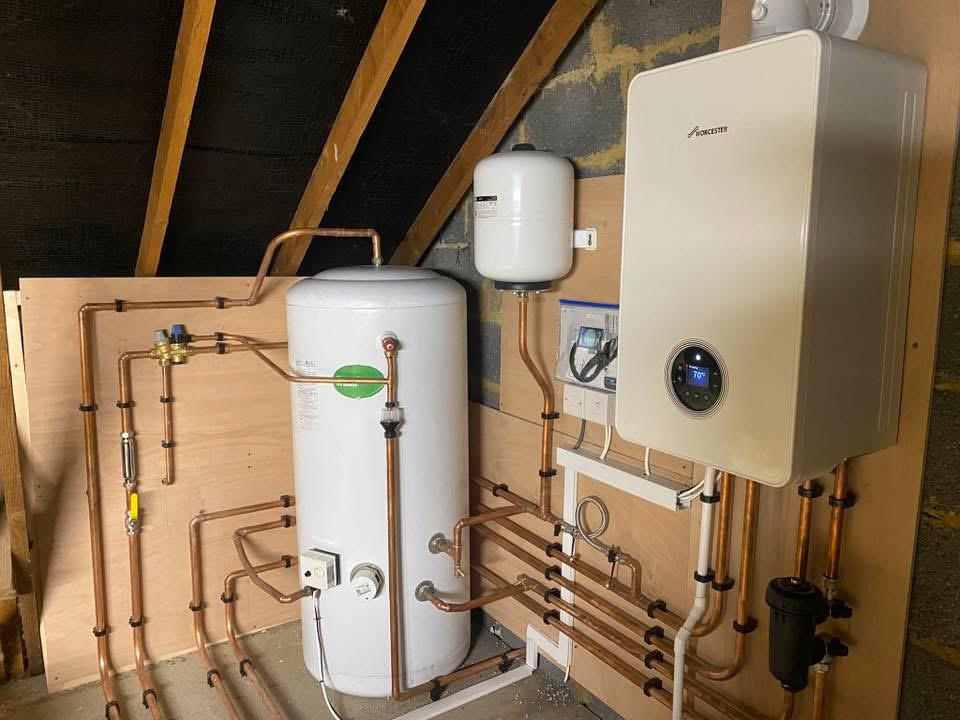 Worcester Bosch boiler and unvented cylinder installed in a loft